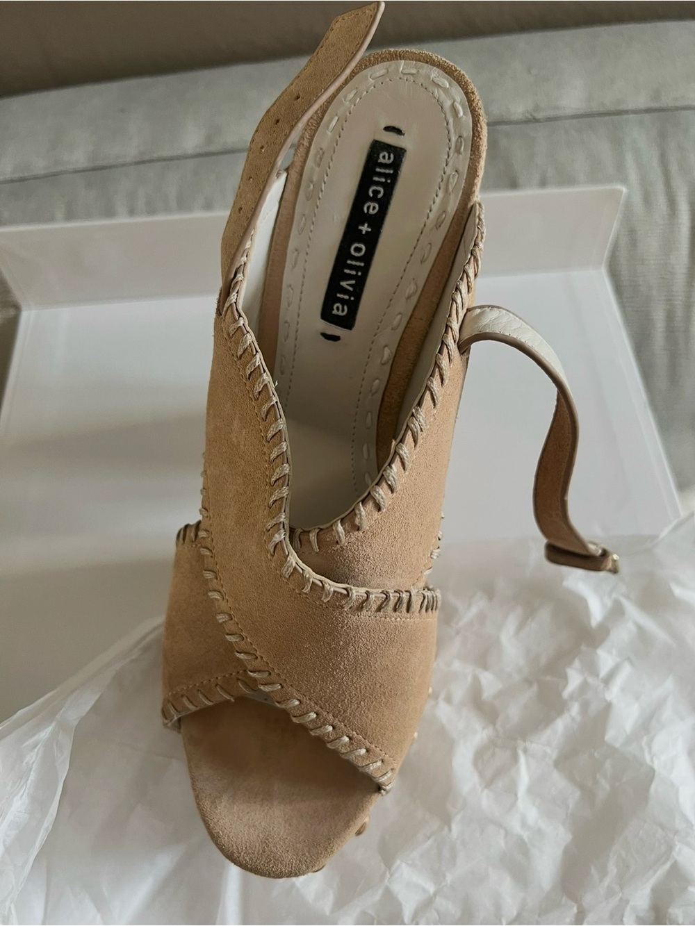 Alice + Olivia Tan Suede Braided-Trim Slingback Mules